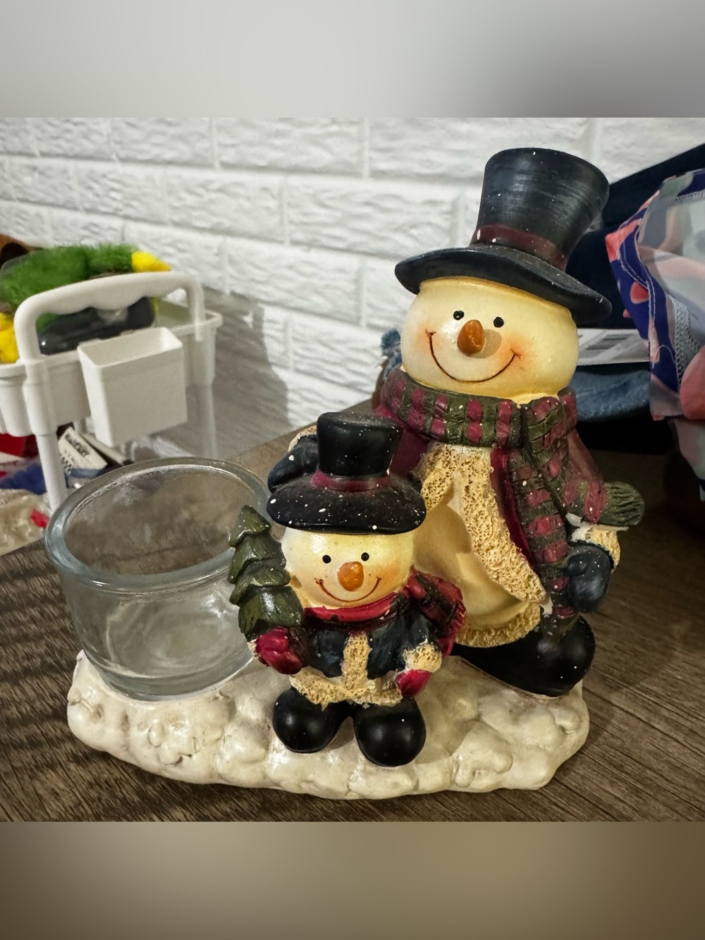 Snowman Votive Candle Holder Father Son Scarf Winter Top hats Snow Country